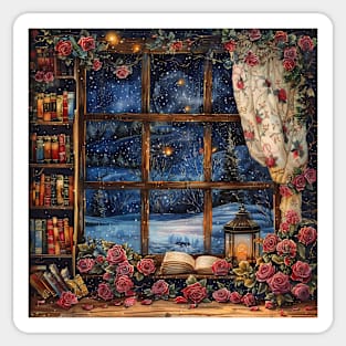 Fantasy winter starry night window Sticker